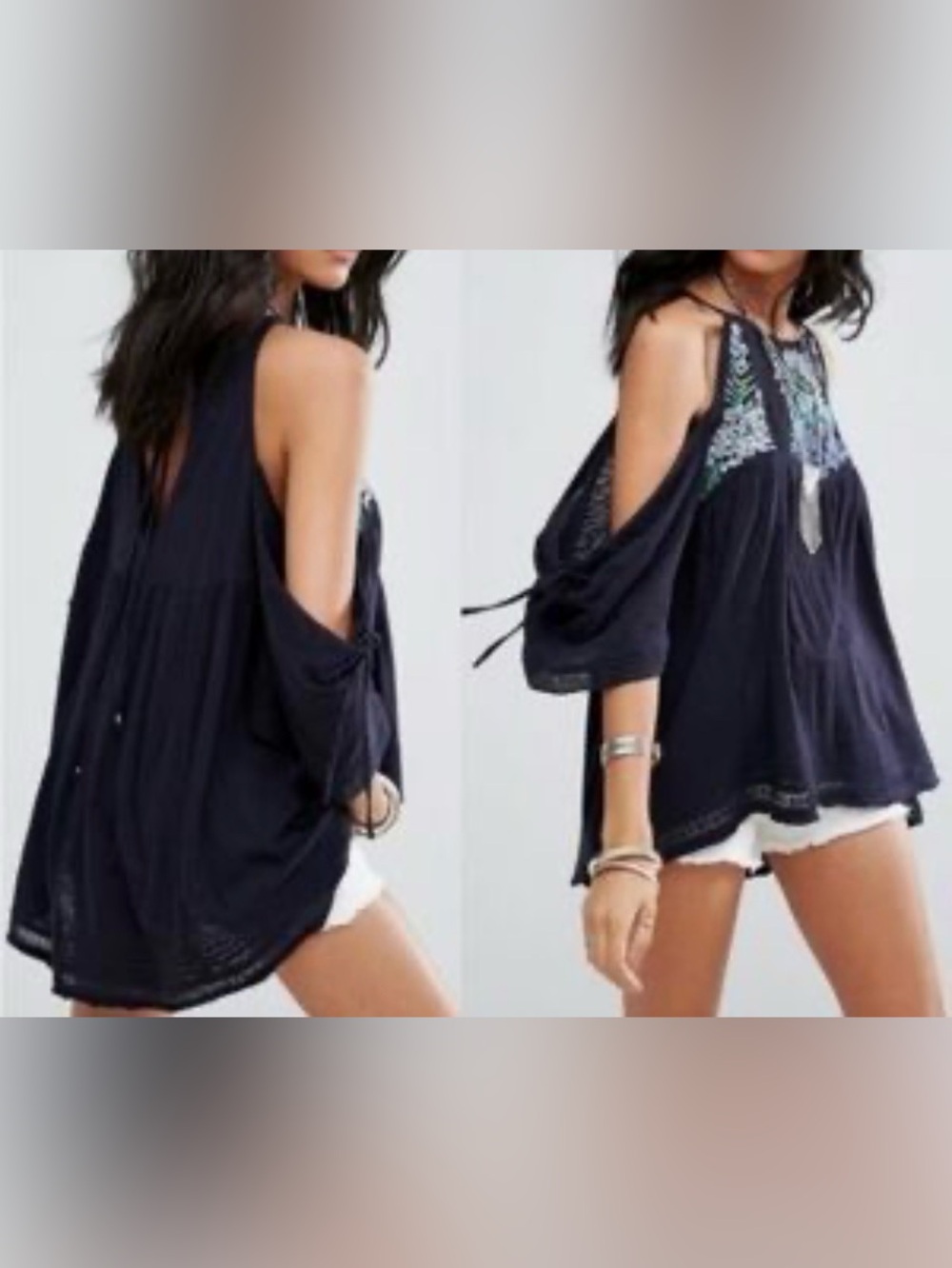 Free People Navy Cold-Shoulder Embroidered Tunic